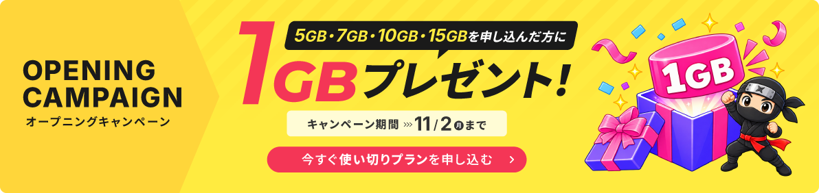 オープニングキャンペーン 5GB・7GB・10GB・15GBを申し込んだ方に1GBプレゼント！