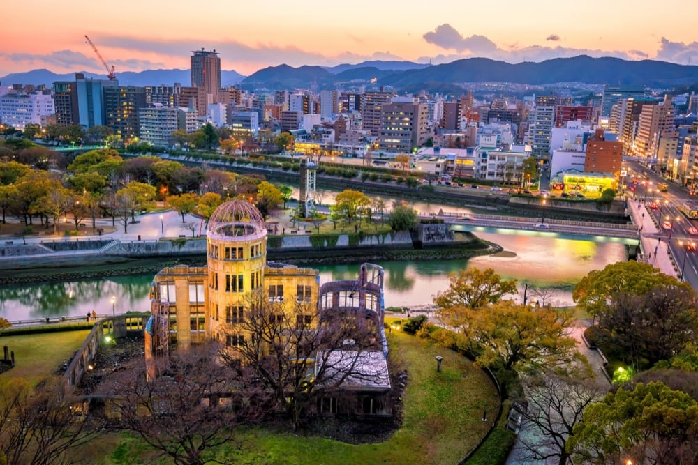 Aerial dusk view of the illuminated Atomic Bomb Dome, Hiroshima