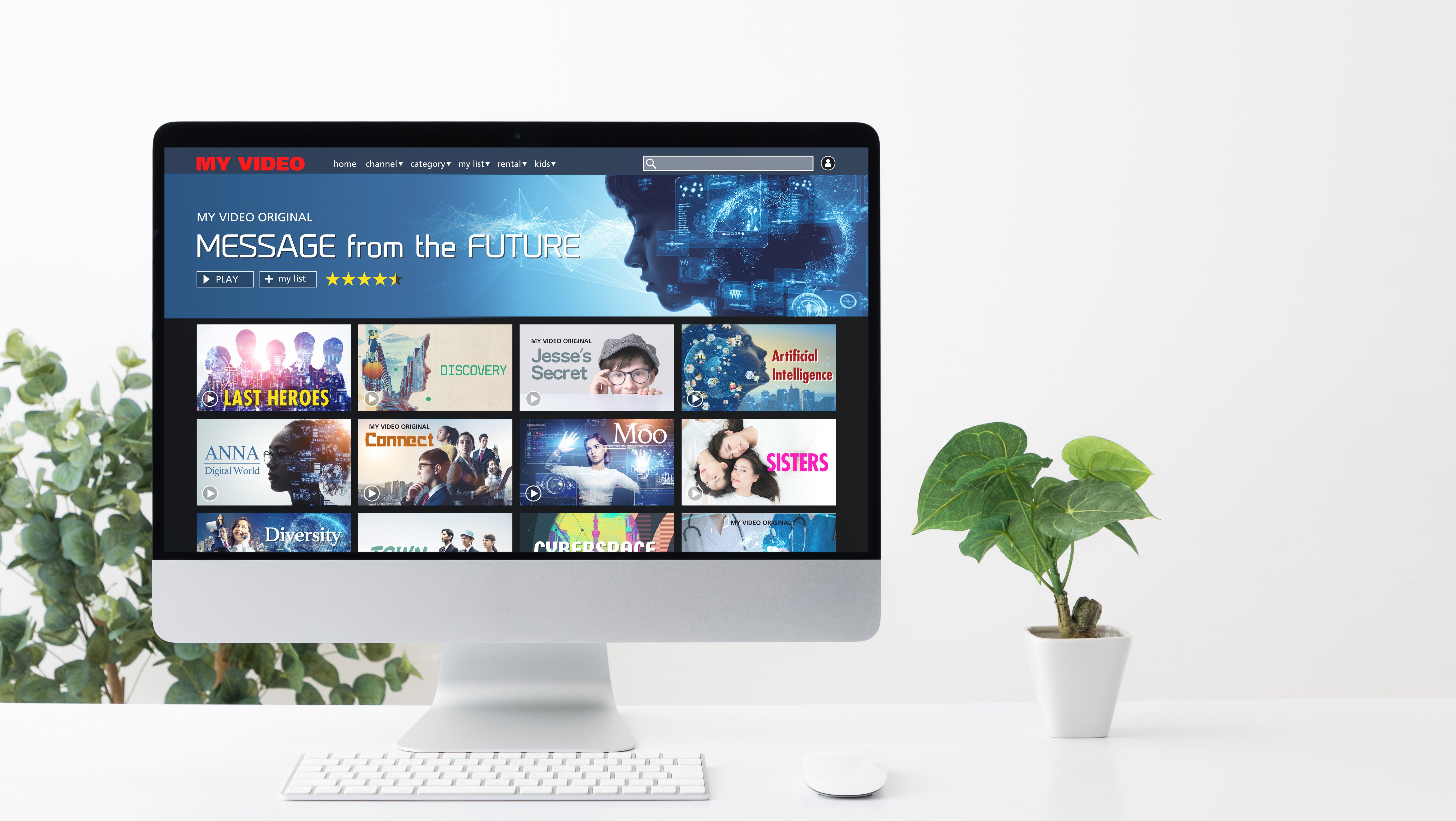 Desktop computer showing a video streaming service interface with multiple content thumbnails