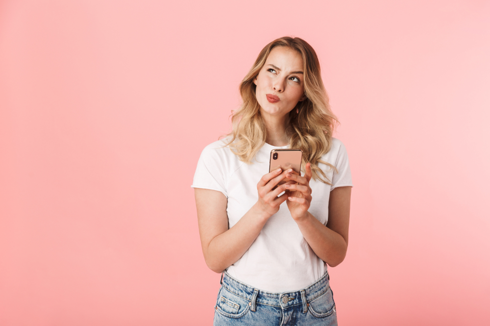 A foreign woman considering connectivity options for Japan travel