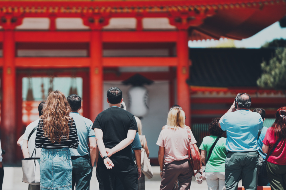 Foreign tourists visiting Japanese temples