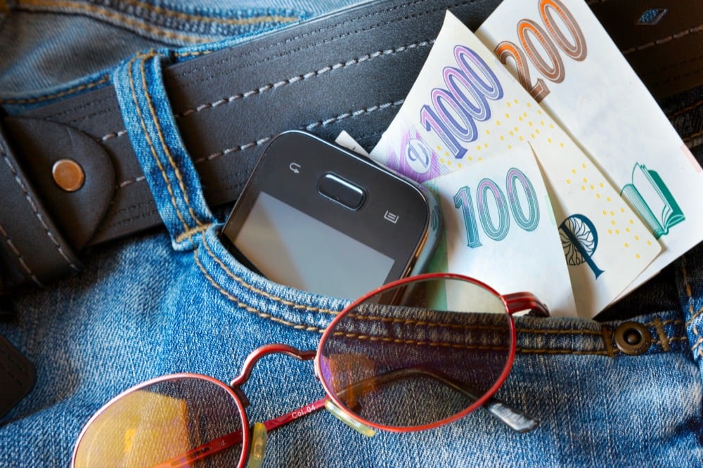A smartphone wallet and banknotes sticking out of a jeans pocket with sunglasses nearby