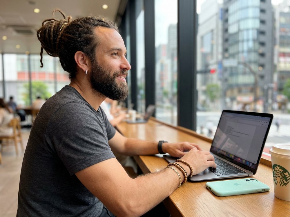 Side profile of man working on tablet near street-facing café window