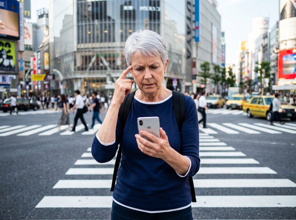 A middle-aged tourist woman looking at her smartphone in Tokyo