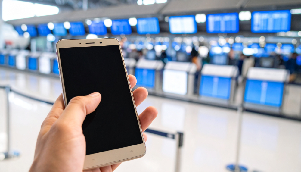 A traveler at an airport counter, looking to buy a prepaid SIM card