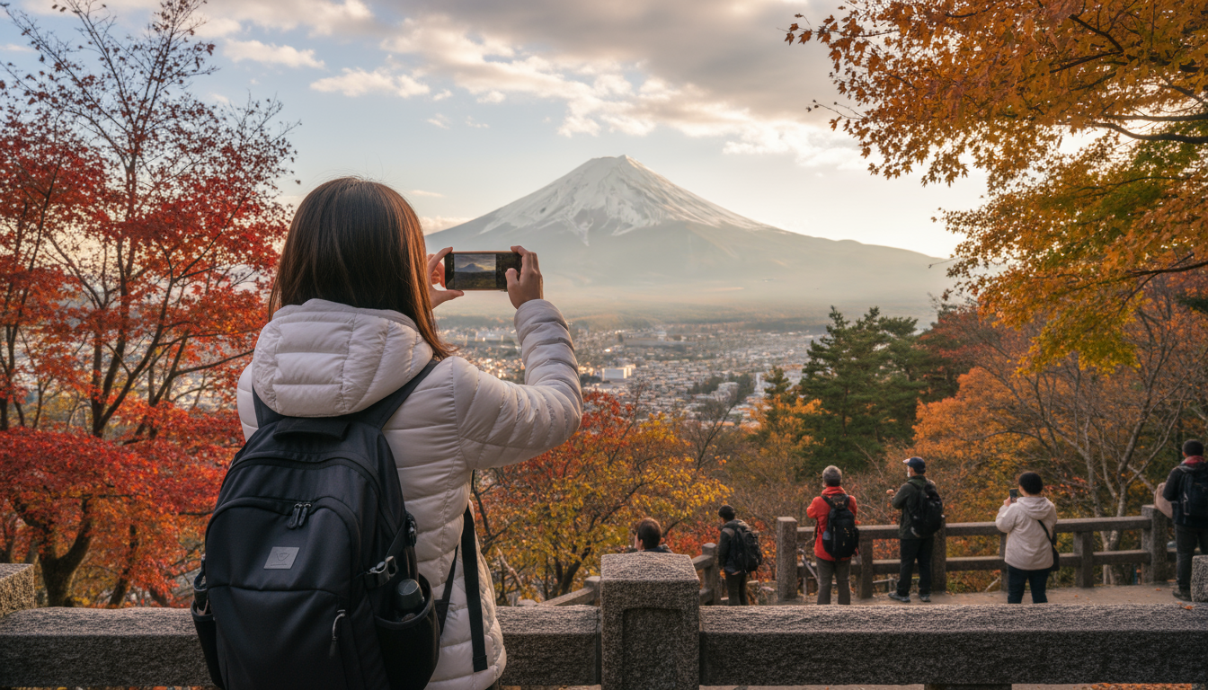 A foreign tourist taking pictures of Japanese scenery