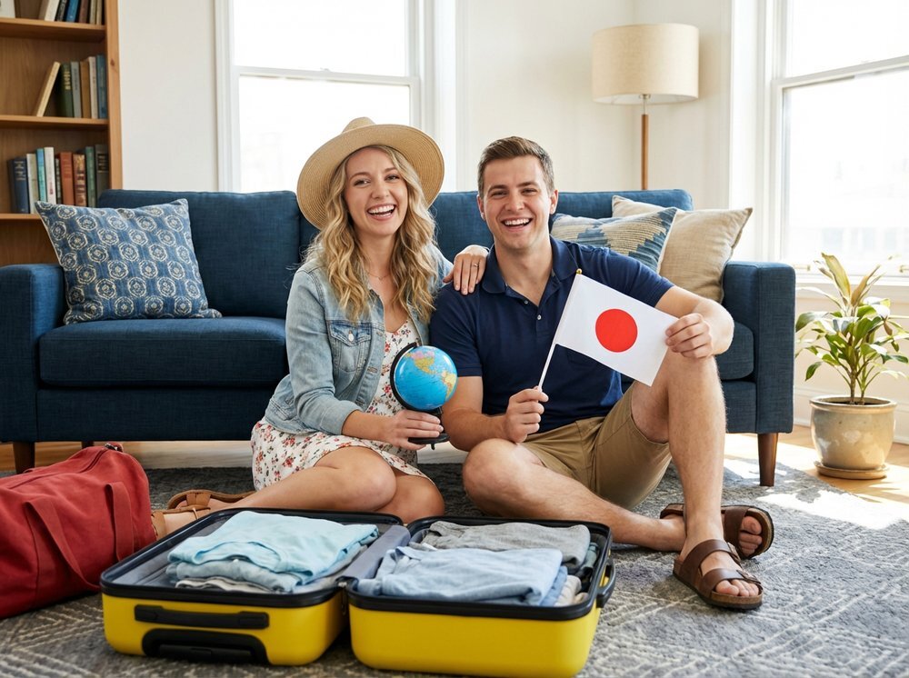 A couple getting ready to travel in Japan