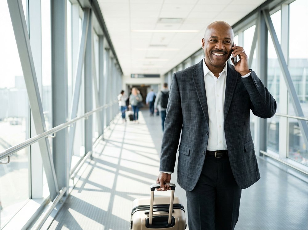 A business traveler talking on phone while walking with suitcase at airport