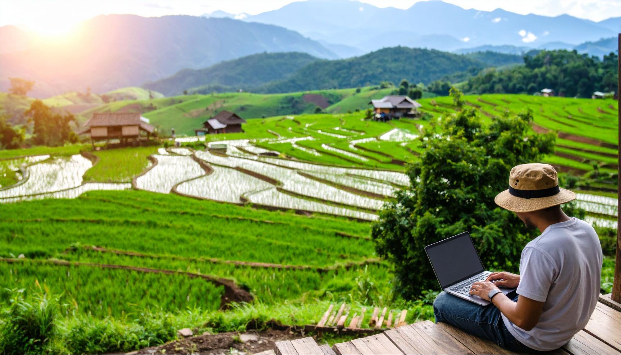 A person is working on a laptop while enjoying a nature view