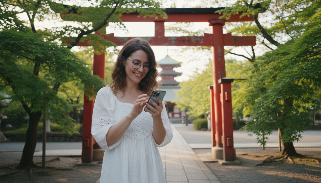 An international tourist on their smartphone at a shrine in Japan