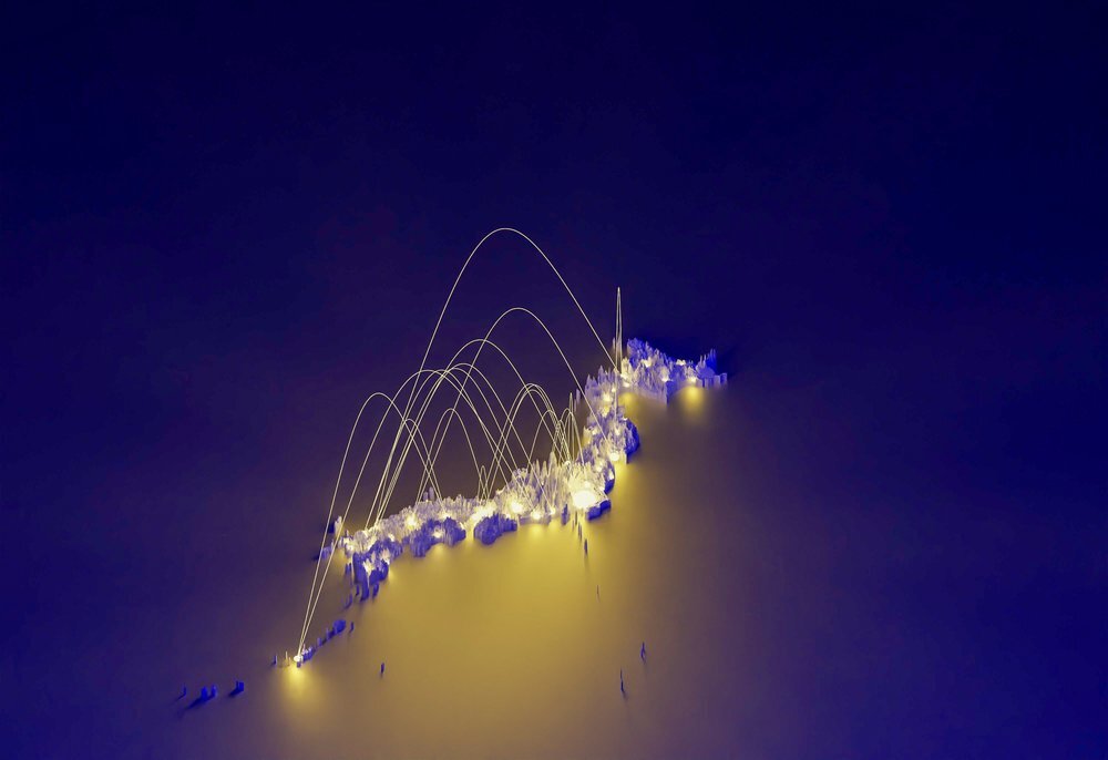 A stylized 3D map of Japan featuring glowing network connections
