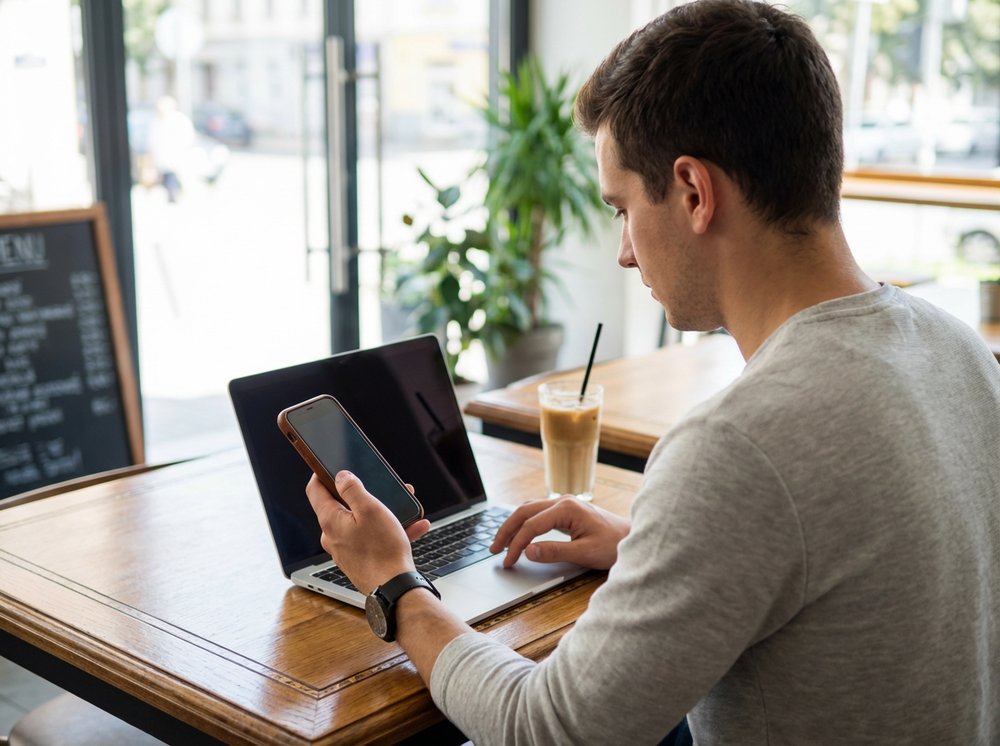 Mature man working remotely using laptop and smartphone