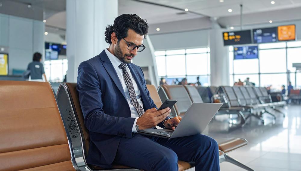 A businessman is checking his smartphone at the airport