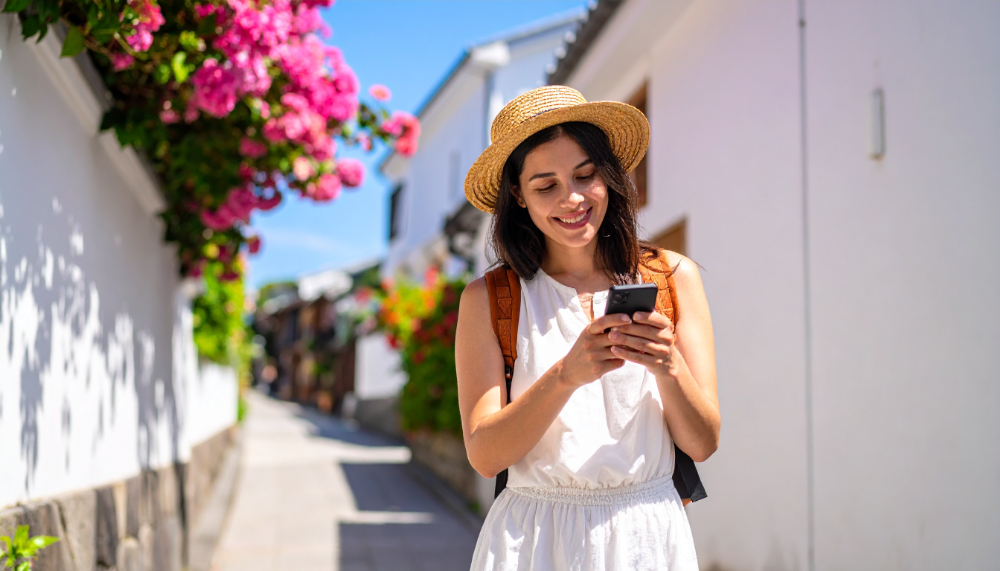 An international tourist looking up how to install a SIM card on their phone