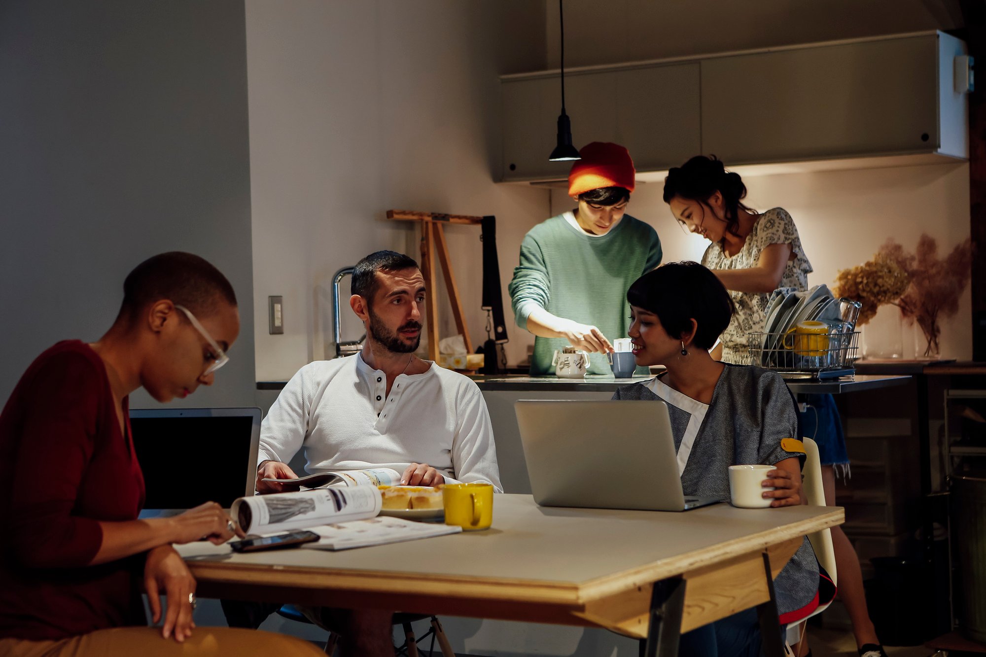 Tourists using the internet in a Japanese hotel