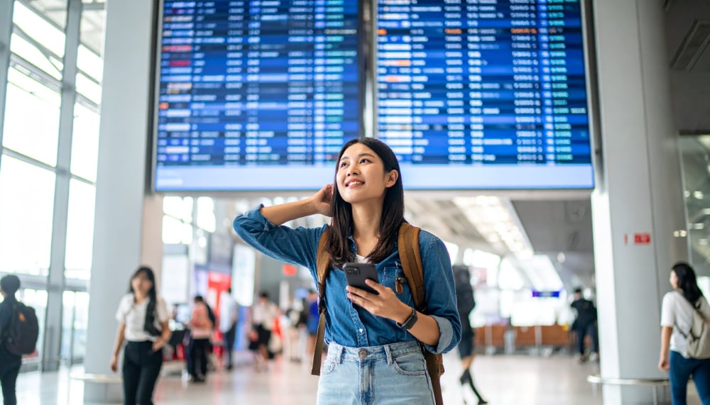 Foreign travelers searching for free Wi-Fi at the airport