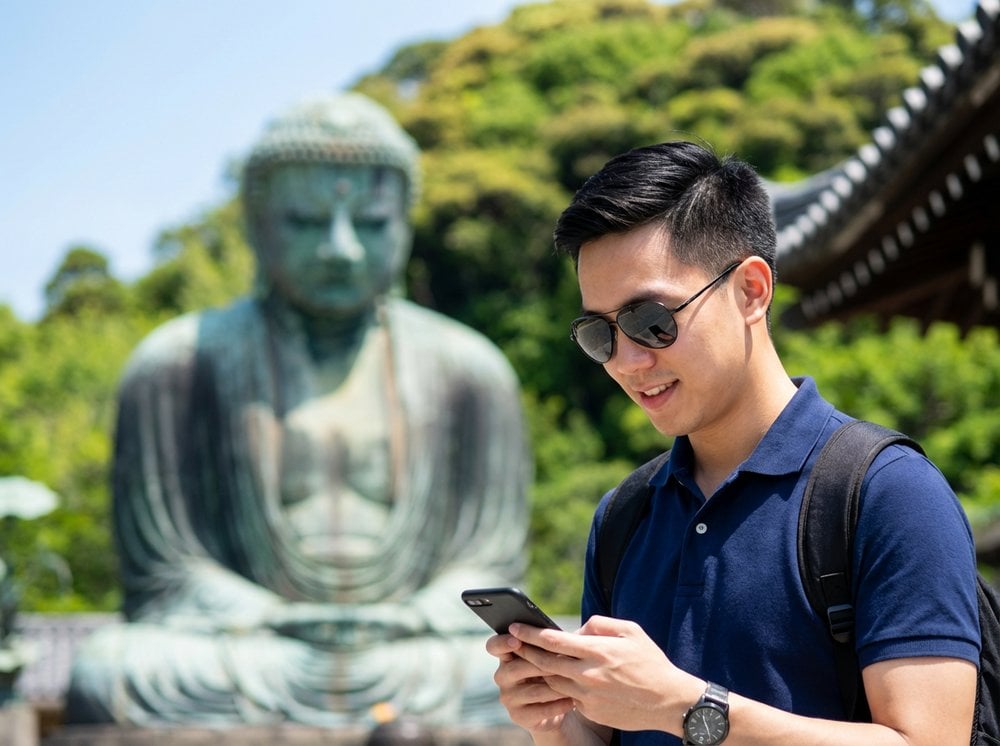 A young male using smartphone while standing in Kotoku-in Buddhist temple in Kamakura