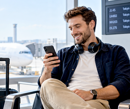 Traveler setting up an eSIM at an airport