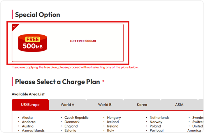 Select the FREE 500MB plan