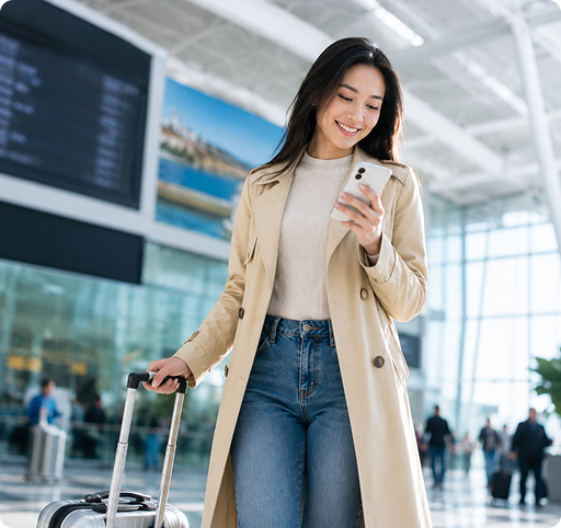 以世界城市為背景，拿著手機旅行中的女性形象